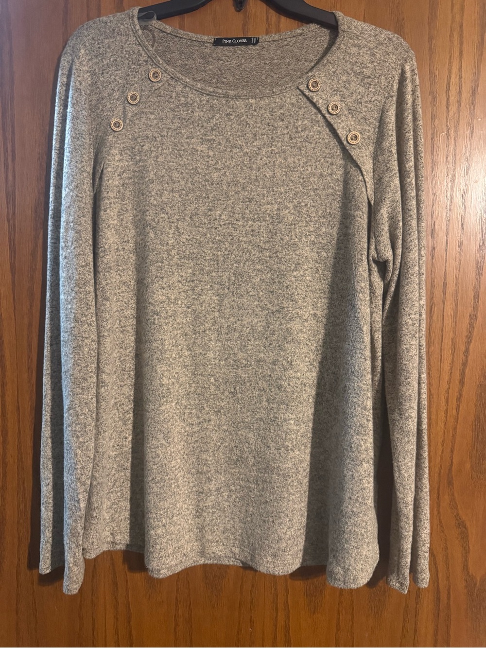 Pink Clover Heather Gray Long Sleeve Top with Shoulder Button Detail